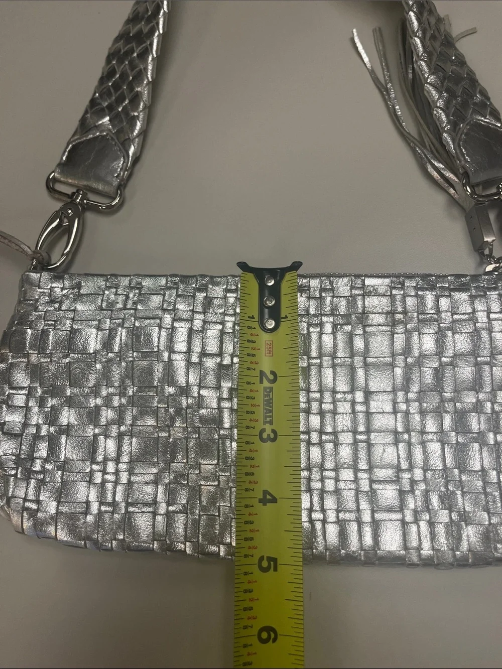 Elliott Lucca Silver Woven Metallic Clutch wTassel Removable Strap